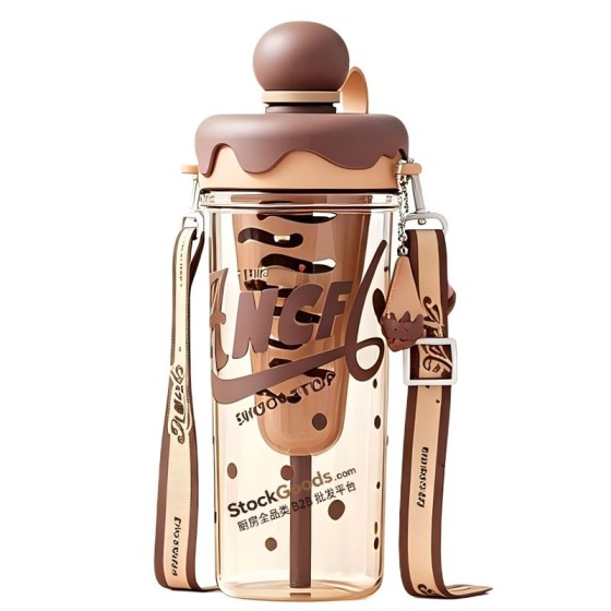 880ml Coffee Color Ice Cream Lid Letter Print Straw Cup with Shoulder Strap & Tea Filter